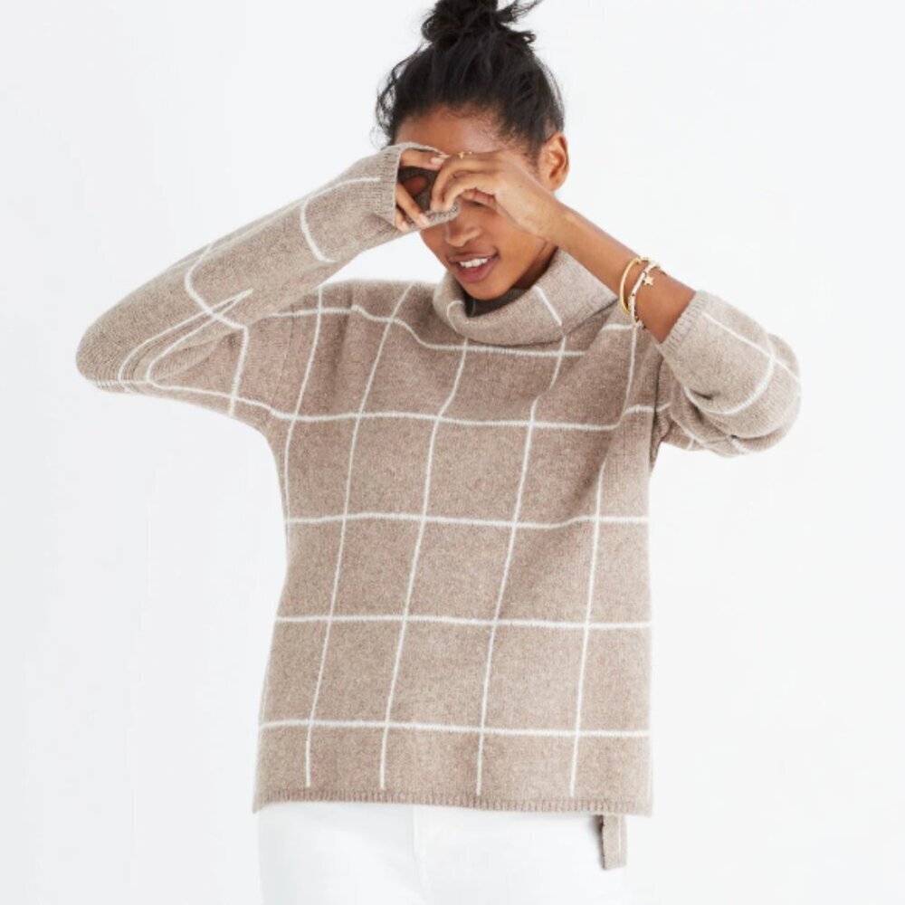 Madewell Women's Size Large Windowpane Turtleneck Sweater Heather Driftwood Wool